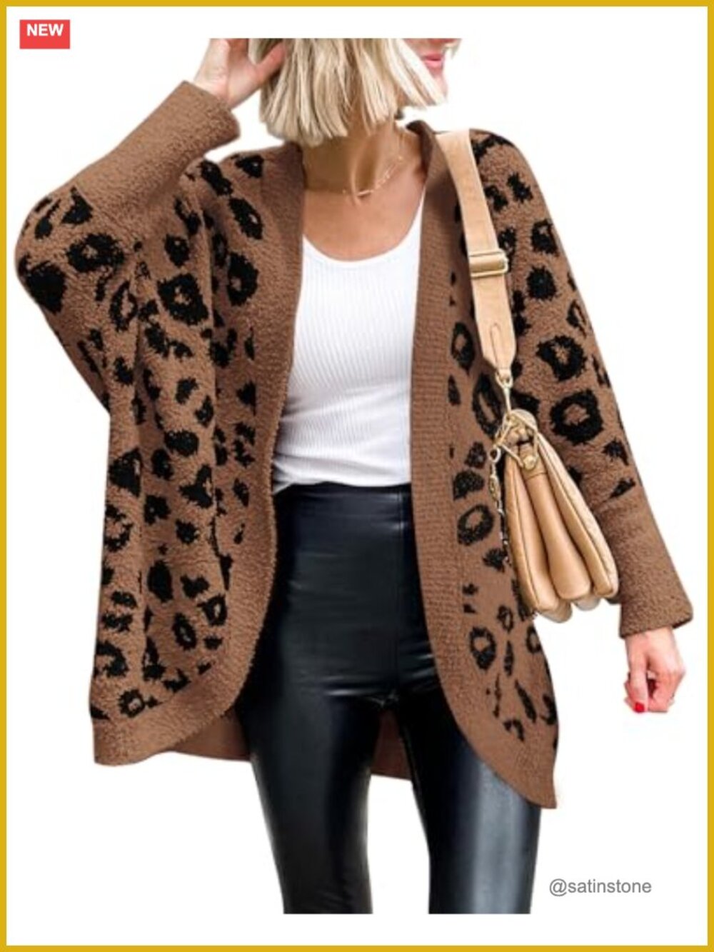 Womens Leopard Print Knit Cardigan Long Sleeve Open Front Cozy Sweater